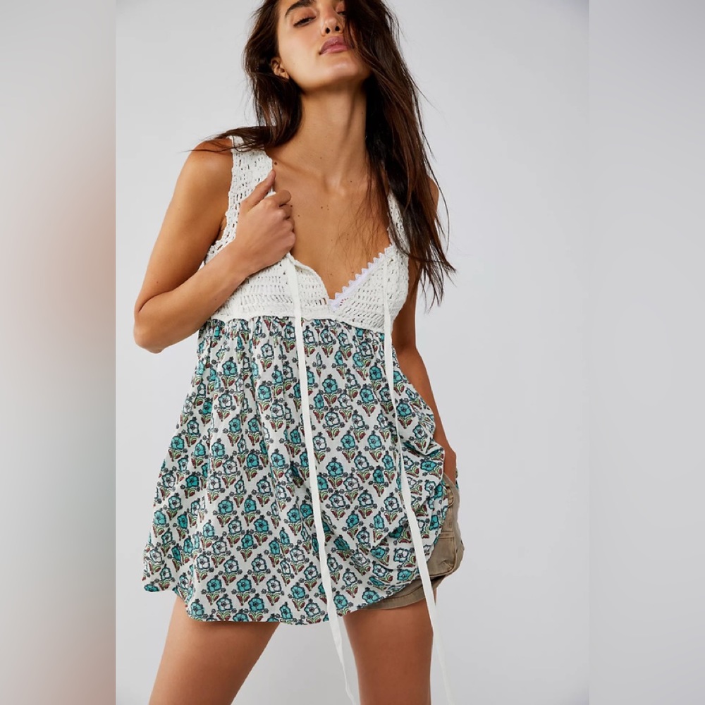 Free People Honey Tie Babydoll Crochet Boho Summer Tunic in Ivory Comb